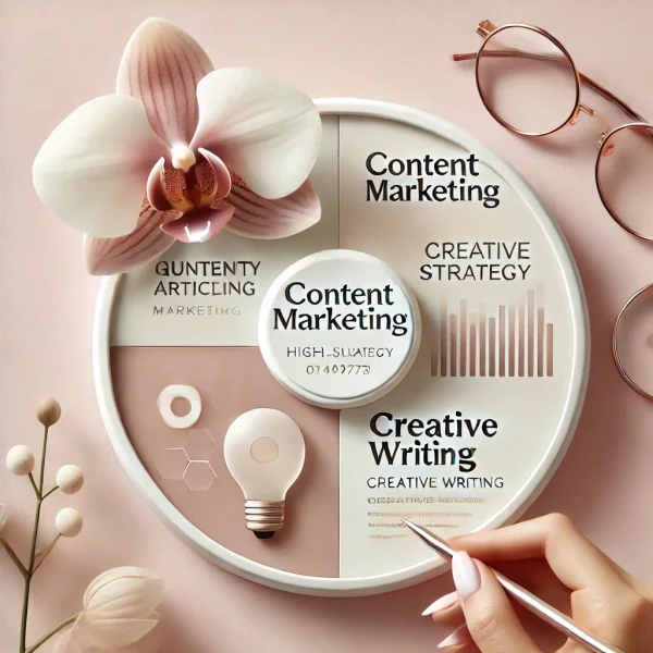 Ein Flatlay-Bild mit einem kreisförmigen Diagramm mit den Abschnitten „Content Marketing“, „Kreative Strategie“ und „Kreatives Schreiben“. Es enthält eine Glühbirnengrafik, eine rosa Brille, einen Stift und Blumen zur Dekoration.