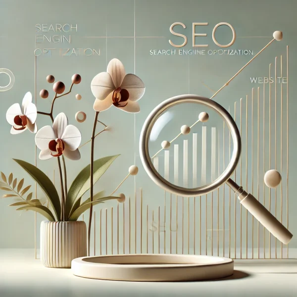 Ein minimalistisches Bild mit einer Orchidee im Topf, einer großen Lupe und dekorativen Grafiken. Im Hintergrund sind die Wörter „Suchmaschinenoptimierung“ und „SEO“ zu sehen, die Wachstum und Analyse im digitalen Marketing symbolisieren.